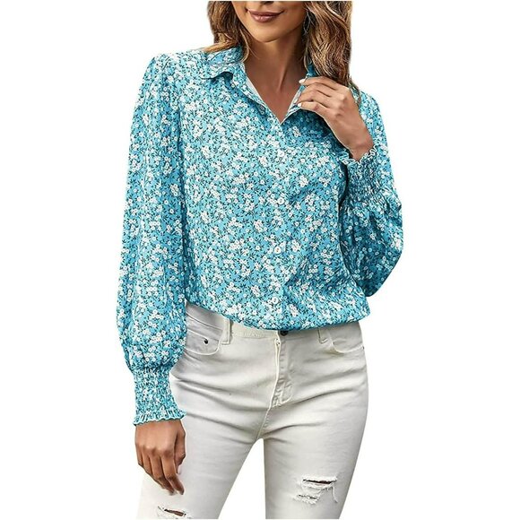 Blue & White Ditsy Floral Button Front Blouse 2X PLUS Smocked Cuffs Feminine - Picture 7 of 7